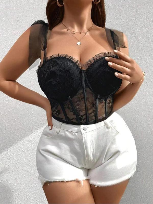 Plus Size Plain Floral Lace Sheer Knot Shoulder Lingerie Top, Casual Frill Trim Sweetheart Neck Backless Bra, Women's Underwear for All Seasons