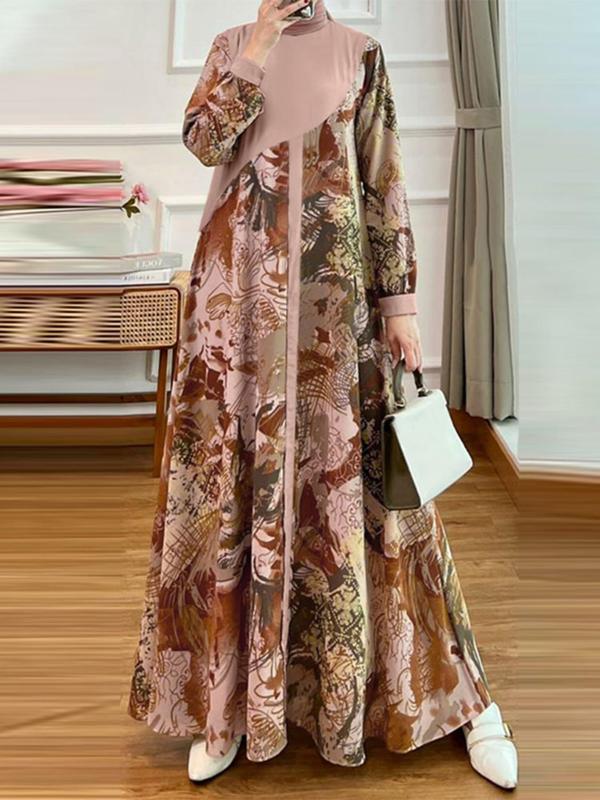 Women's Floral Print Asymmetrical Design Long Sleeve Dress, Elegant Round Neck Long Dress for Party Holiday Wedding Guest, Ladies Clothes for All Seasons