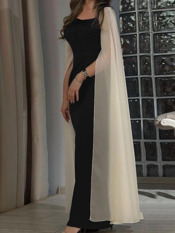 Women's Patchwork Cloak Sleeve Bodycon Dress, Elegant Sweetheart Neck Long Dress for Party Holiday Wedding Guest, Ladies Fall & Winter Clothes