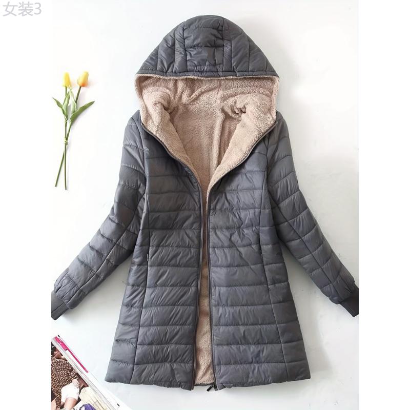 Zip-up Puffy Hoodie Coat, Casual Thermal Long Sleeve Coat For Fall & Winter, Women's Clothing Fabric Womenswear