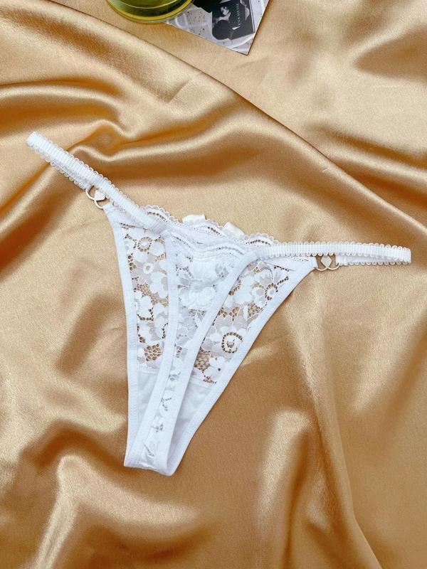 Women's Bow Decor Lace Thong, Ring Linked Panty, Elegant Comfy Knicker for All Seasons, Breathable Womenswear