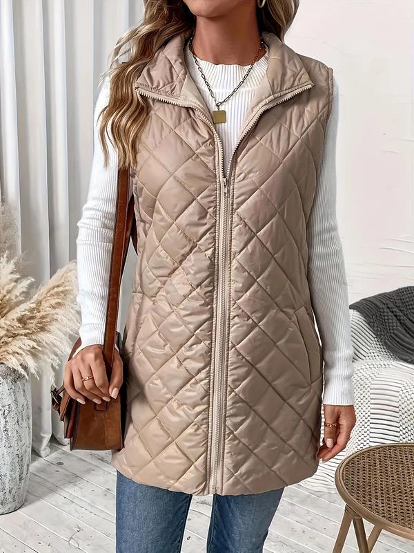 Women's Solid Zip Up Padded Vest Jacket, Casual Pocket High Neck Sleeveless Outerwear for Fall & Winter, Women's Clothing for Daily Wear