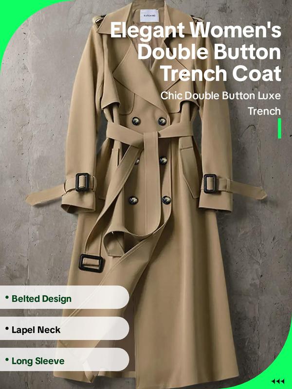 Women's Solid Double Button Belted Trench Coats, Elegant Lapel Neck Long Sleeve Coat for Fall, Winter Wear Casual Wear , Women's Outerwear for Daily Wear