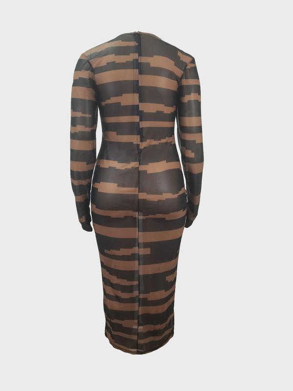 Plus Size Striped Print Round Neck Bodycon Dress, Women's Long Sleeve Bodycon Dress for Party Club Wear, Ladies Plus Size Clothes for Summer