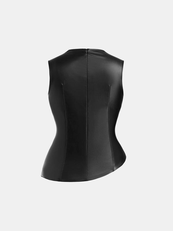 YOZY Women's Solid Asymmetrical Hem Zipper Back PU Leather Tank Top, Fashion Casual Stand Collar Sleeveless Top for Daily Outdoor Wear, Ladies Clothes for All Seasons