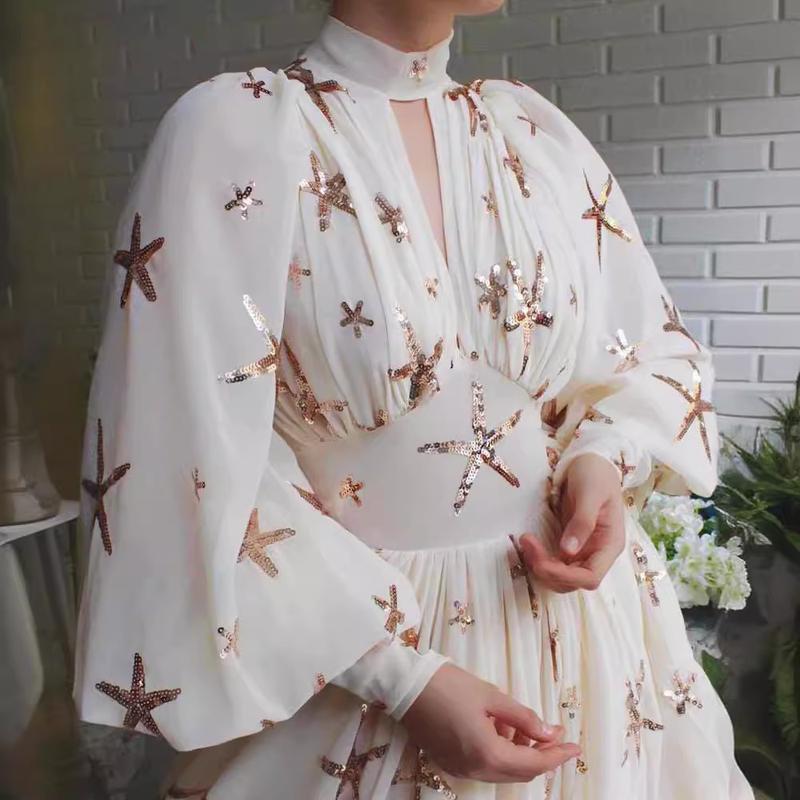 2023 New Women's Half Turtleneck Sequined Slit Lantern Sleeve Formal Swing Dress Chiffon Dress