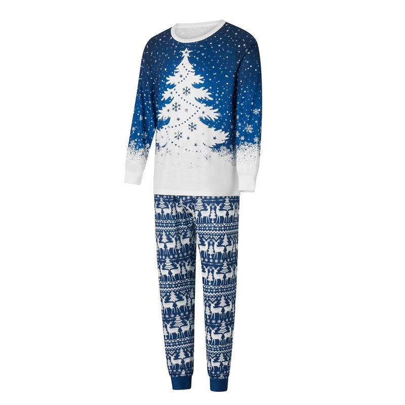 Blue Christmas Pajamas for Family Snowflake Tree Print Long Sleeve Crew Neck Tops + Pants Set Sleepwear