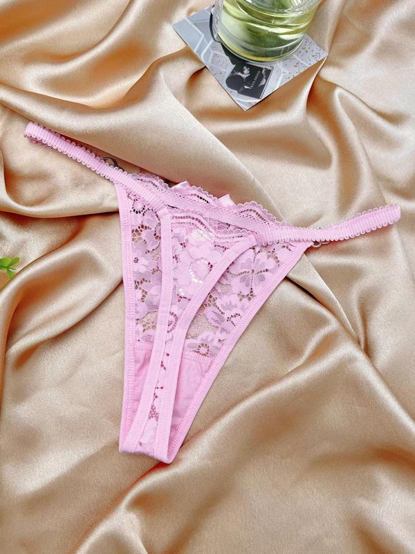 Women's Bow Decor Lace Thong, Ring Linked Panty, Elegant Comfy Knicker for All Seasons, Breathable Womenswear