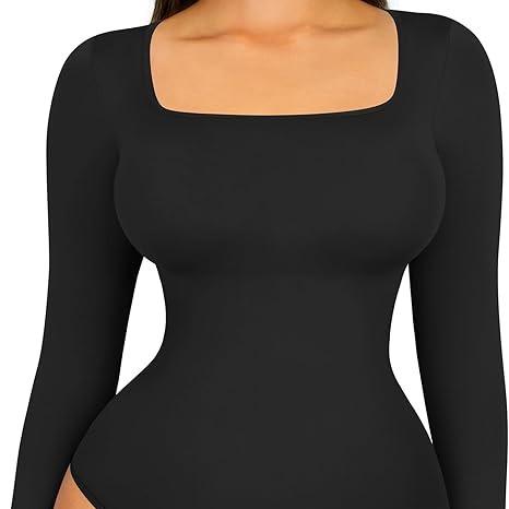 FeelinGirl Long Sleeve Bodysuit for Women Mock Turtle Neck Body Suits Zip Up Design Black Tummy Control Bodysuit Shirts Womenswear Collar Elegant Nylon Comfort