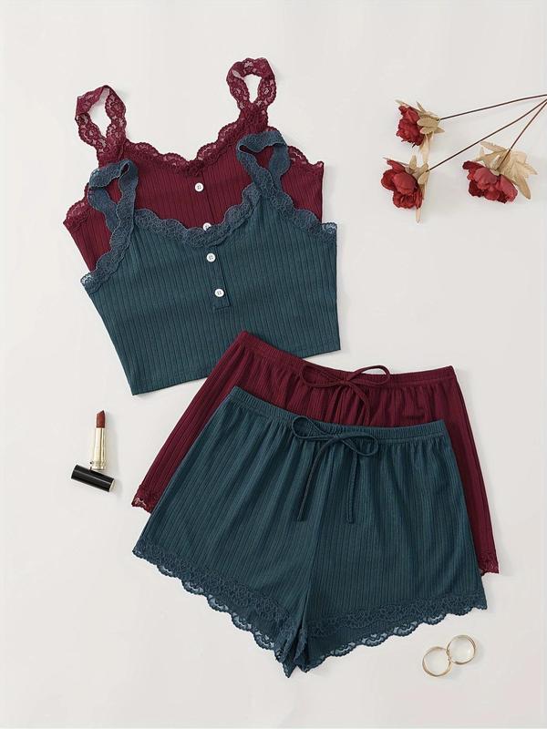 Women's Contrast Lace Bow Decor Crop Cami Top & Elastic Waist Shorts Pyjama Set, Casual Comfy Button Front Top & Shorts Set, Ladies Summer Sleepwear