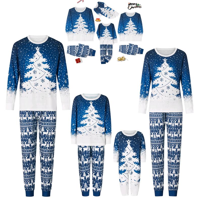 Blue Christmas Pajamas for Family Snowflake Tree Print Long Sleeve Crew Neck Tops + Pants Set Sleepwear