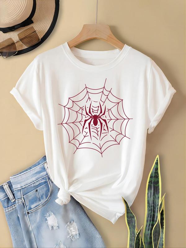 Women's Spider Web Print Round Neck Tee, Casual Short Sleeve Crew Neck T-shirt for Summer, T Shirts for Women, Fashion Women's Top for Daily Wear, Graphic Tees, Tops for Women Birthday Gifts