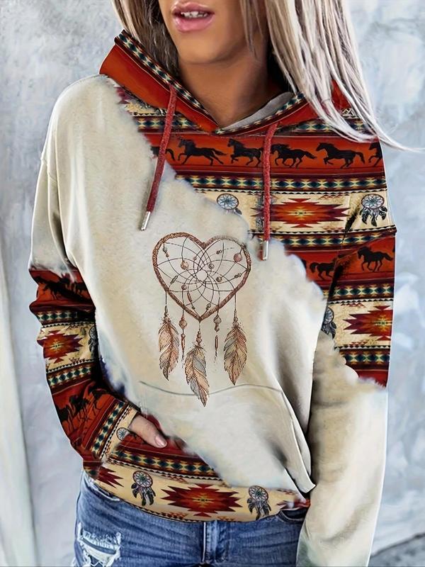 Women's Ethnic Pattern Patchwork Horse Print Drawstring Hoodie, Casual Long Sleeve Drop Shoulder Hooded Sweatshirt for Daily Holiday Outdoor Wear, Ladies Clothes for All Seasons