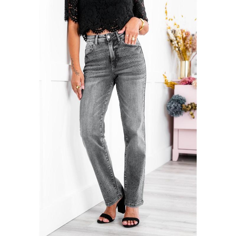 Judy Blue High Rise Grey Rhinestone Straight Leg Jeans