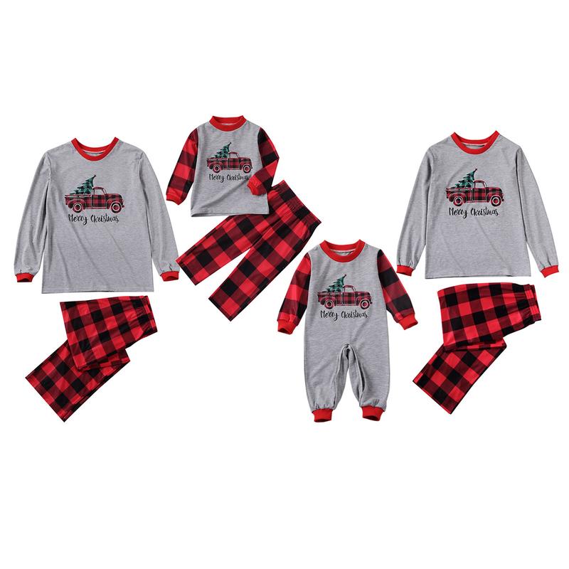 Family Matching Christmas Pajamas Sets, Cartoon Car Tree Letter Plaid Printed Papa Mama Kid Tops Pant Jumpsuit Sleepwear Cotton Womenswear