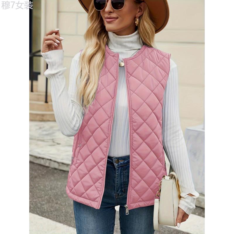 Plus Size Solid Zip Up Warm Vest Jacket, Casual Sleeveless Vest Jacket For Fall & Winter, Women's Plus Size Clothing Collar Womenswear