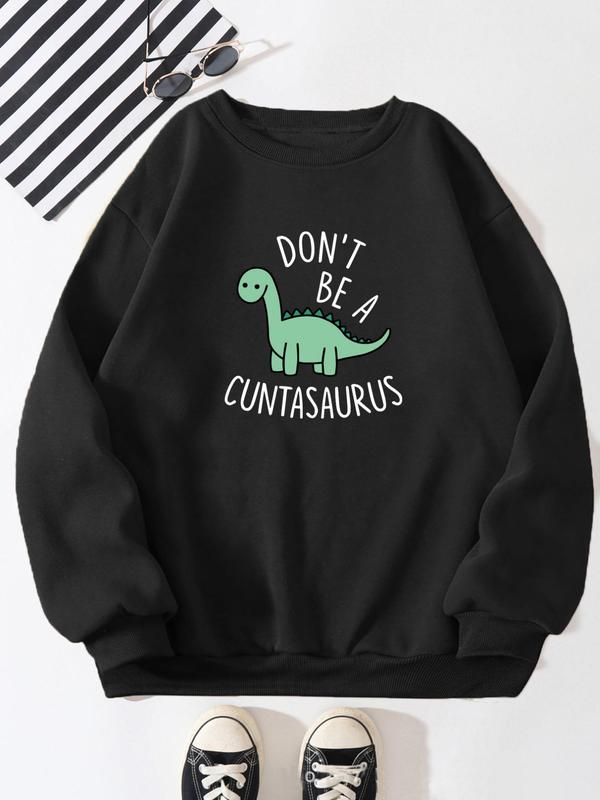 Dinosaur Print Long Sleeve Sweatshirt for Women, Casual Comfort Crewneck Sweatshirt for Lady, 