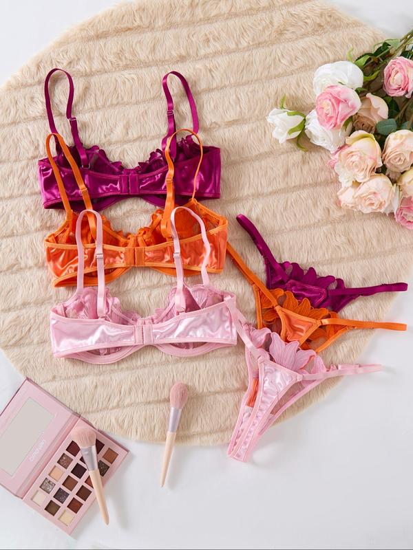 Women's Floral Embroidery Sheer Lingerie Set, Sexy Adjustable Strap Bra & Thong & Set, Lingerie Set for Women, Underwear for Women