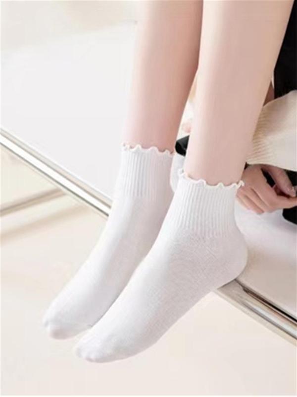 Women's 6 Pairs Lettuce Trim Crew Socks, Casual Solid Moisture Wicking Mid-Calf Socks, Soft Comfy Breathable Socks For Spring & Fall Daily Wear