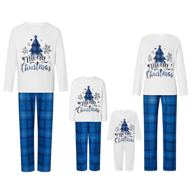 Family Matching Christmas Pajamas Set, Long Sleeve Letter Raglan Tops + Plaid Pants Set Loungewear