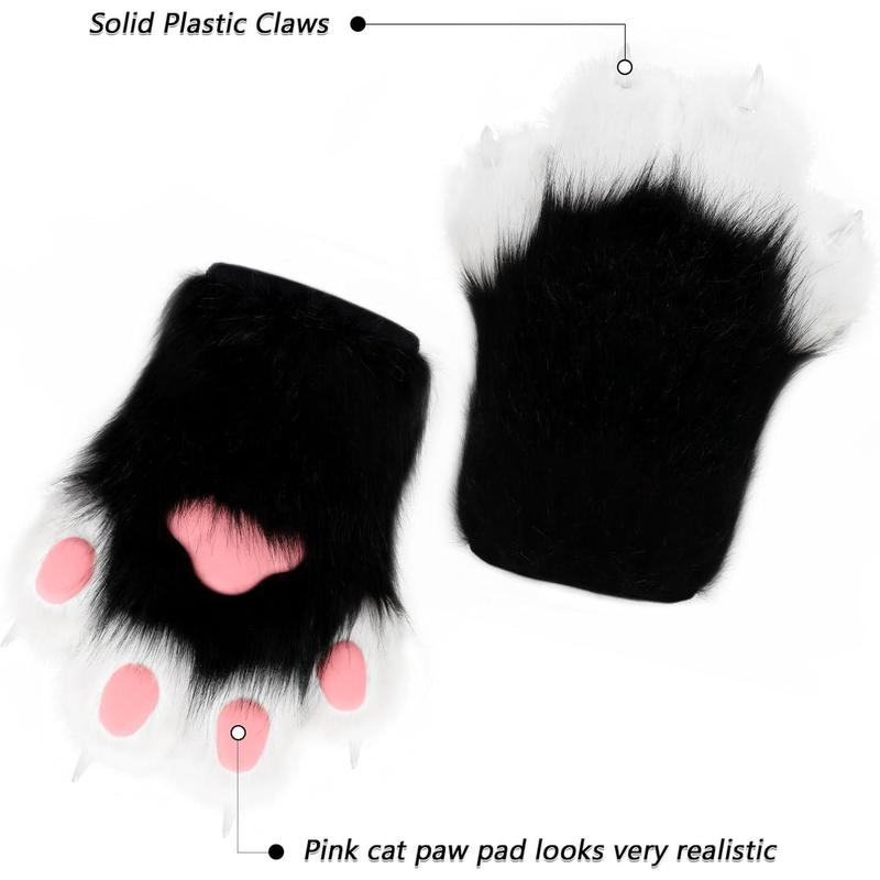 Faux Fur Plush Furry Cat Claw Gloves Fursuit Animal Fox Paws Mittens Halloween Cosplay Costume Accessories for Adult