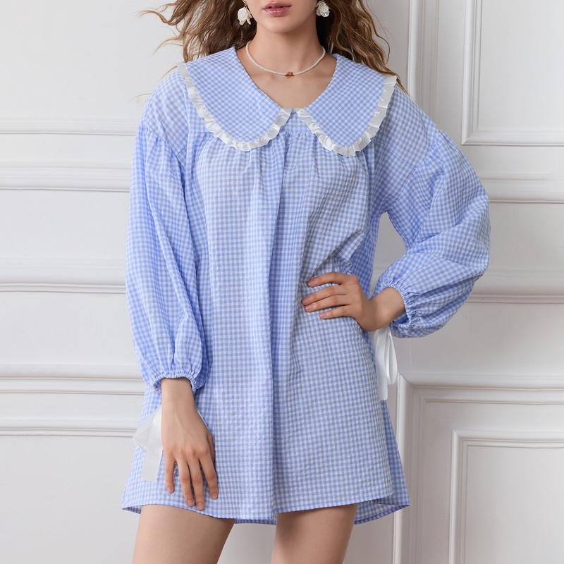 Women Y2K Vintage Plaid Babydoll Dress Long Puff Sleeve Doll Collar Sweet Plaid Dress Gingham Pajamas Dress Loungewear Sleepwear