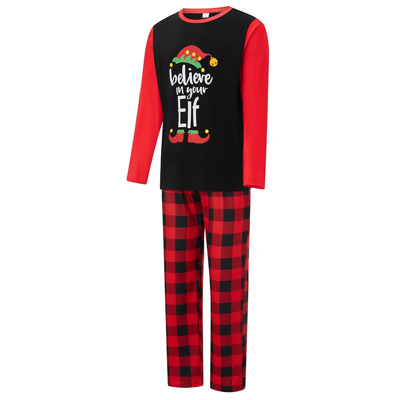 Matching Christmas Pajamas For Family Long Sleeve Elf Print Tops + Plaid Pants Set Loungewear