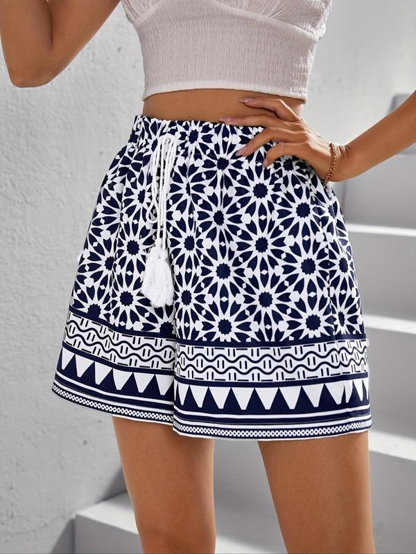 Women's Ethnic Pattern Fringe Drawstring Waist Wide Leg Shorts, Boho Casual High Waist Shorts for Beach Vacation Holiday, Ladies Summer Bottoms