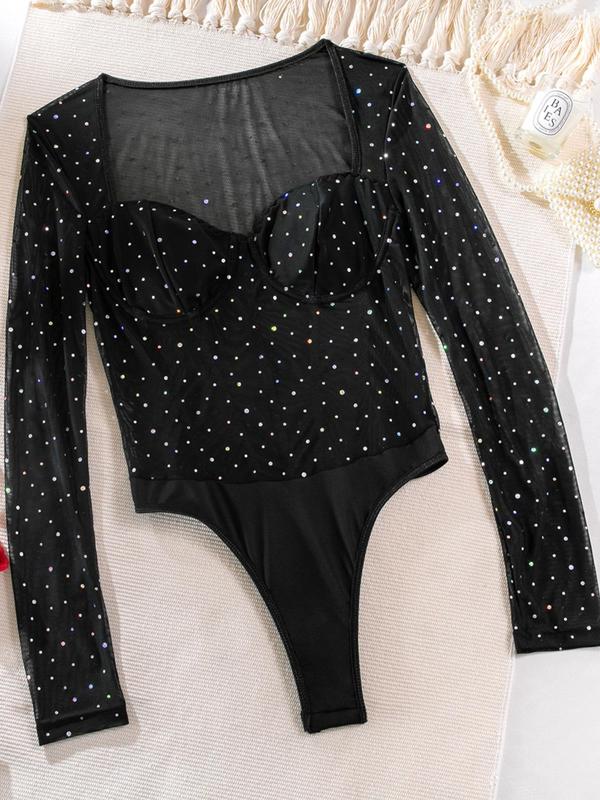 Women's Contrast Mesh Sheer Glitter Sequins Shapewear Bodysuit, Elegant Sweetheart Neck Long Sleeve Open Crotch Bodysuit, Lady's Shapewear