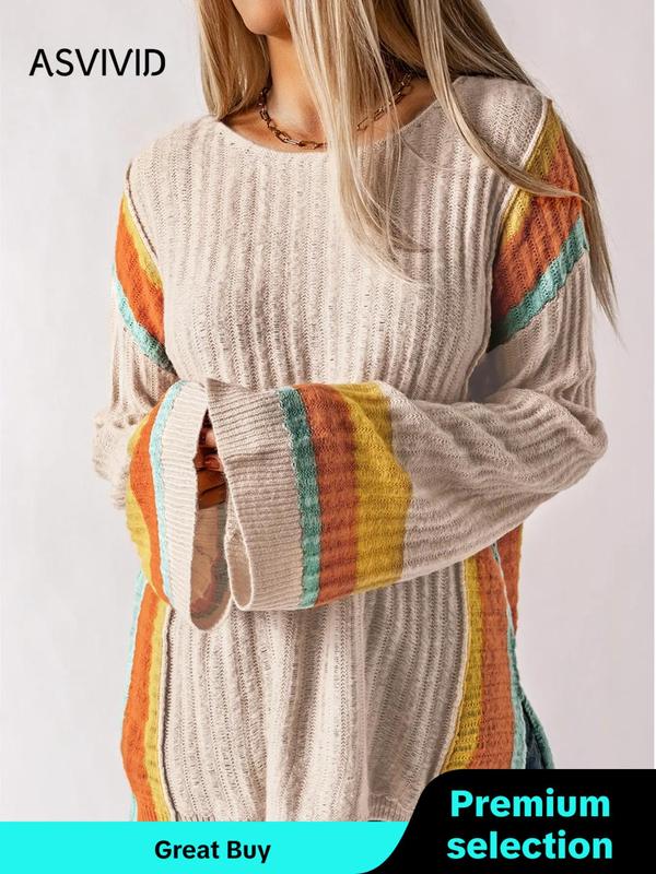 Women's Colorblock Striped Print Flounce Sleeve Sweaters, Casual Long Sleeve Round Neck Knitting Jumper, Fall Clothes, Knit Sweater for Women, Ladies' Knitwear for Daily Wear, Womenswear