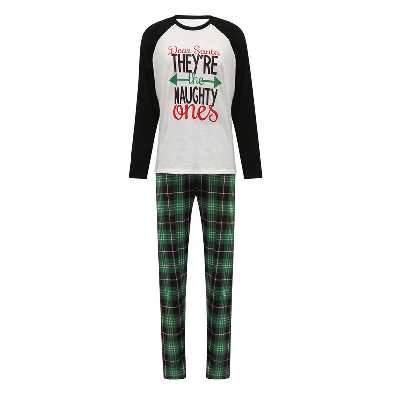 Family Matching Christmas Pajamas Set, Long Sleeve Letter Raglan Tops + Plaid Pants Set Loungewear