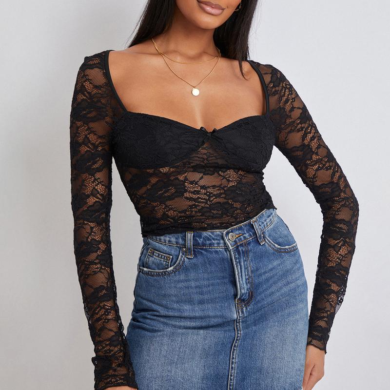 Women Lace Long Sleeve Shirt Top Y2K Slim Fit Crop Top Sexy Lace Low Cut Top Tee Club Streetwear