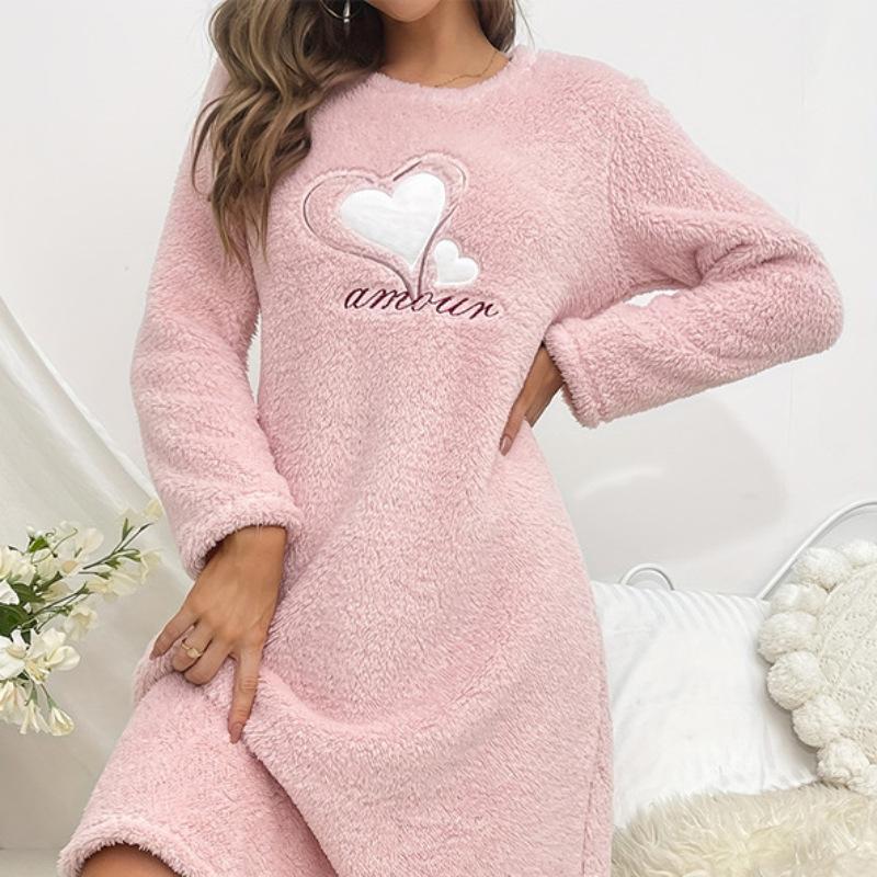 2024 Autumn and Winter Pink Love Flannel Long-Sleeved Thickened Nightdress Pullover Mid-Length Cute Loungewear