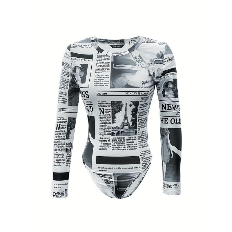 Sexy Long Sleeve Newspaper Print Bodysuit, One Piece Women's Clothing