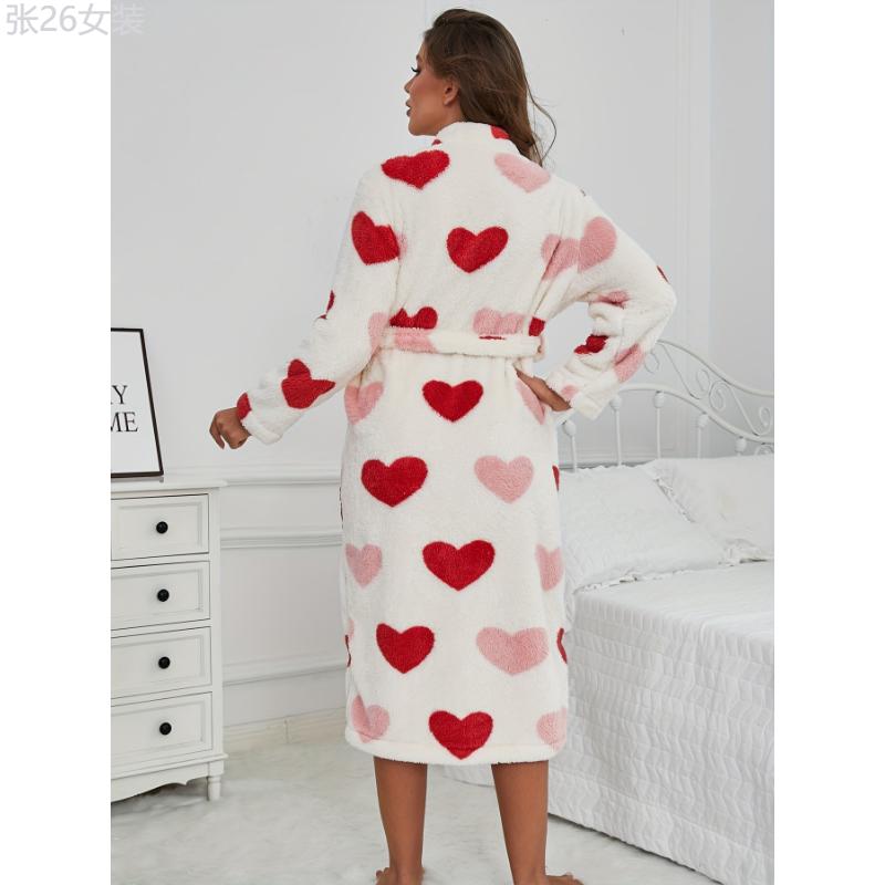 Cozy Heart Print Fleece Robe for Women - Thick, Warm V-Neck Lounge Dress with Belt, Perfect for Fall Winter Collar Fabric