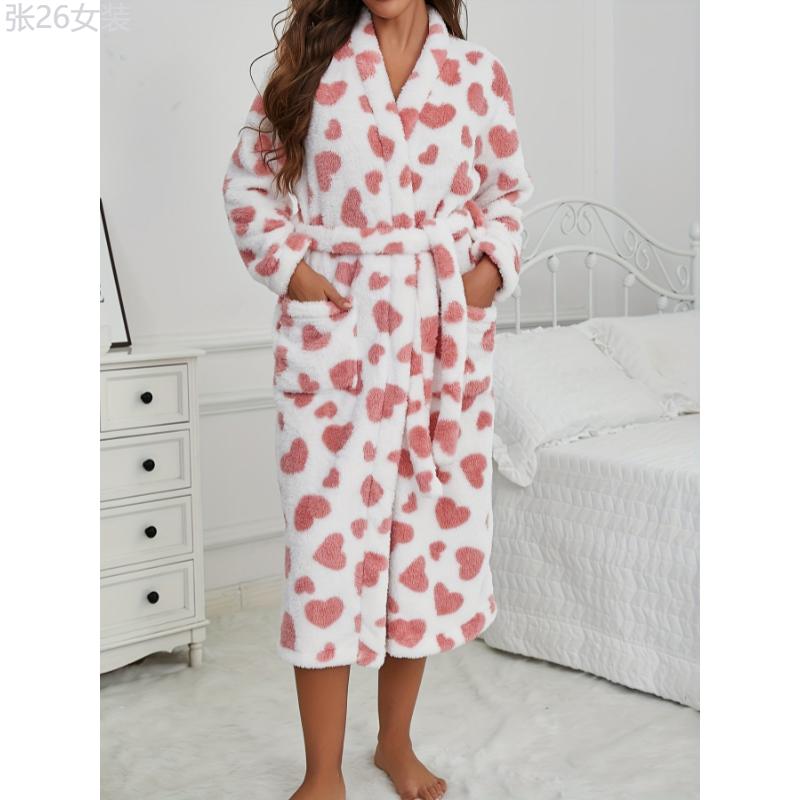 Cozy Heart Print Fleece Robe for Women - Thick, Warm V-Neck Lounge Dress with Belt, Perfect for Fall Winter Collar Fabric