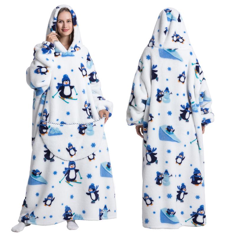 Summer Air-conditioned Room Comfortable Hoodie Nightgown with Big Pocket, Back to School SuppliesCute Alpaca & Penguin Print Hoodie Blanket Oversized Wearable loungewear