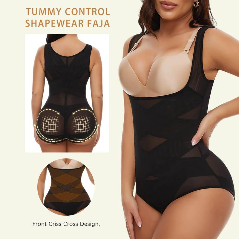 Women's Seamless Tummy Control Shapewear Bodysuit Fajas Waist Trainer Butt Lifting Full Body Shaper, Contrast Mesh Breathable Shaping Bodysuit, Ladies Shapewear For All Seasons Womenswear Fabric Nylon Spandex Knit