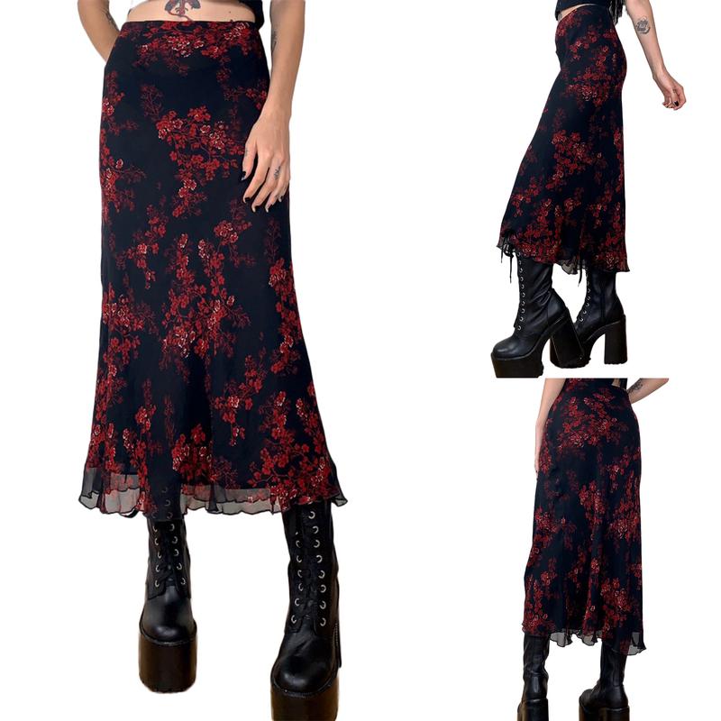 Women 's High Waist Midi Skirt E-Girls 90s Vintage Boho A-Line Bodycon Long Skirt Grunge Fairycore Streetwear