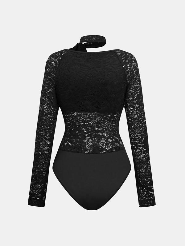 YOZY Women's Floral Lace Sheer Button Closure Crotch Bodysuit with Knot Neck Band, Elegant Long Sleeve Scoop Neck Bodysuit for Spring & Fall, Ladies Clothes for Daily Wear