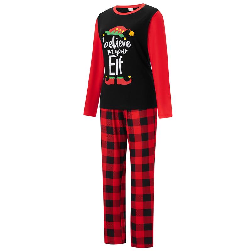 Matching Christmas Pajamas For Family Long Sleeve Elf Print Tops + Plaid Pants Set Loungewear