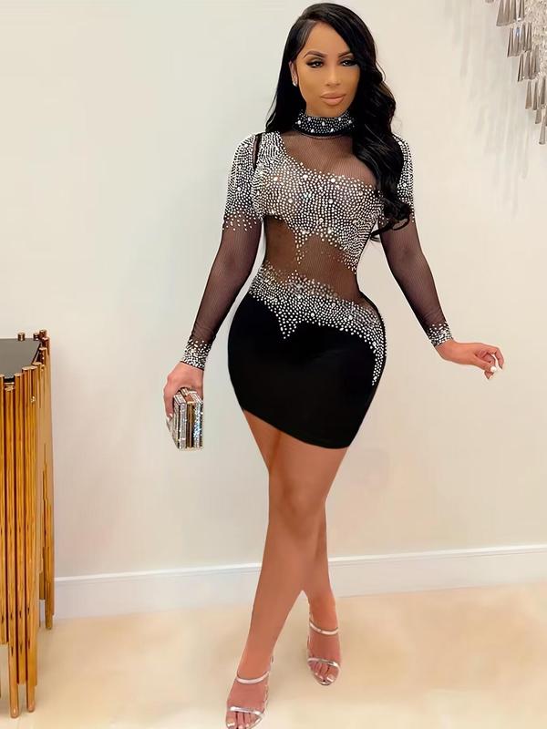 Women's Rhinestone Decor Backless Sheer Bodycon Dress, Fashion Long Sleeve Mock Neck Mini Dress for Party Club Dating Wear, Birthday Dresses 2024, Christmas Party Dress, Ladies Dress for All Seasons Fall Wedding Guest Dress