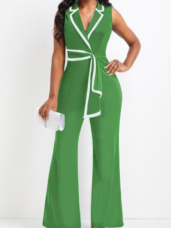 Women's Contrast Binding Sleeveless Jumpsuit, Summer Clothes Women, Lady Elegant Comfort Belted Wrap Overalls, Lady Clothes for Business Office, Womenswear One-Piece Outfits, Minimalist Basic Business Summer Outfits 2024