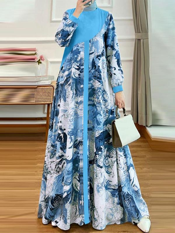 Women's Floral Print Asymmetrical Design Long Sleeve Dress, Elegant Round Neck Long Dress for Party Holiday Wedding Guest, Ladies Clothes for All Seasons