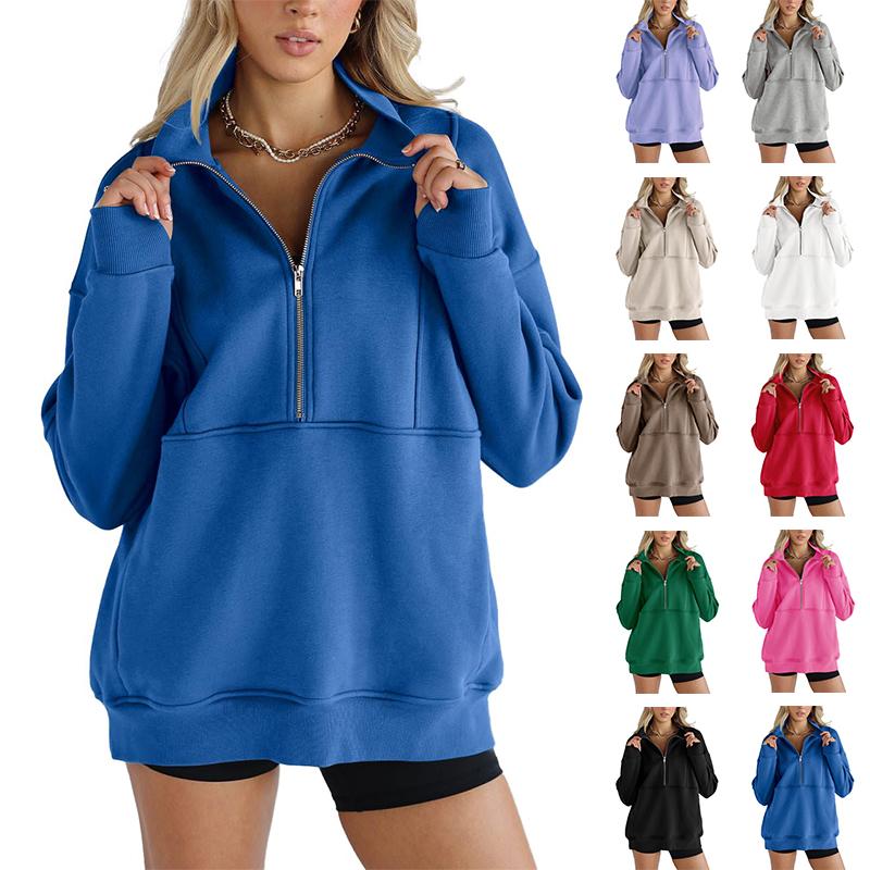 Tankaneo Women's Half Zip Sweatshirts Fleece Stand Collar Long Sleeve Thumb Hole Oversized Pullovers with Pockets