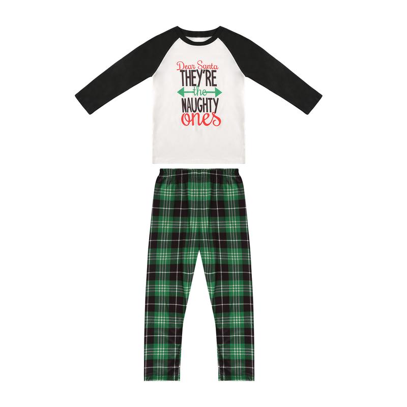 Family Matching Christmas Pajamas Set, Long Sleeve Letter Raglan Tops + Plaid Pants Set Loungewear