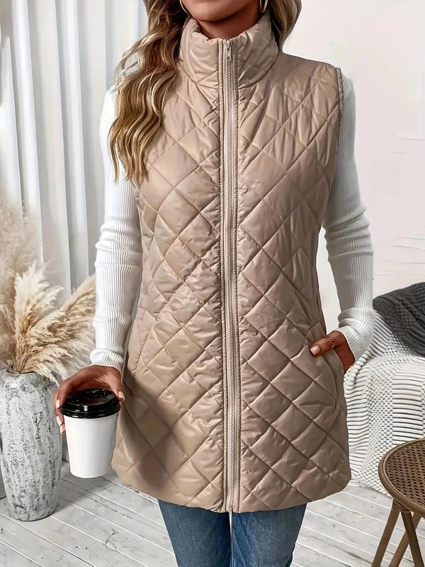 Women's Solid Zip Up Padded Vest Jacket, Casual Pocket High Neck Sleeveless Outerwear for Fall & Winter, Women's Clothing for Daily Wear