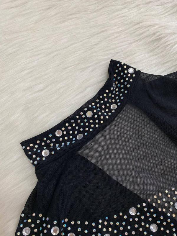 Women's Rhinestone Decor Backless Sheer Bodycon Dress, Fashion Long Sleeve Mock Neck Mini Dress for Party Club Dating Wear, Birthday Dresses 2024, Christmas Party Dress, Ladies Dress for All Seasons Fall Wedding Guest Dress