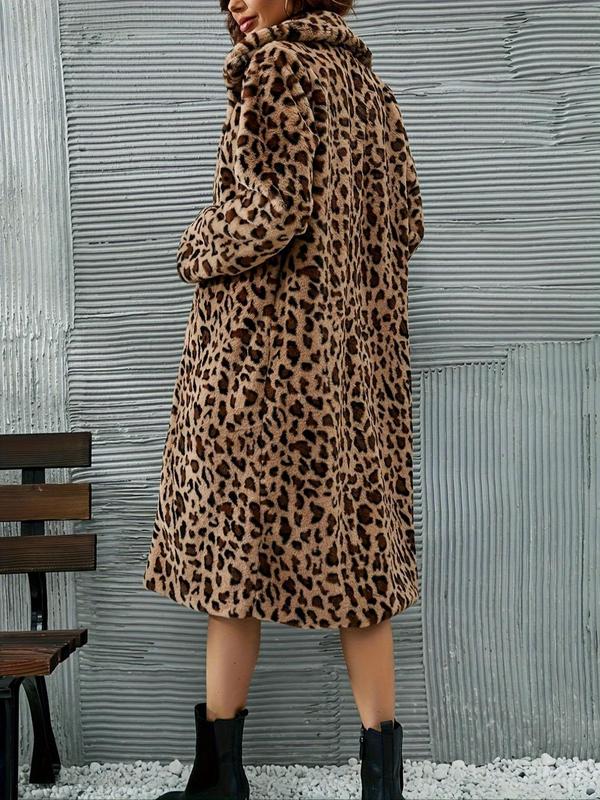 Women's Leopard Print Pocket Open Front Coat, Long Sleeve Collared Outerwear for Fall & Winter, Winter Coat for Women, Women's Clothes for Daily Wear