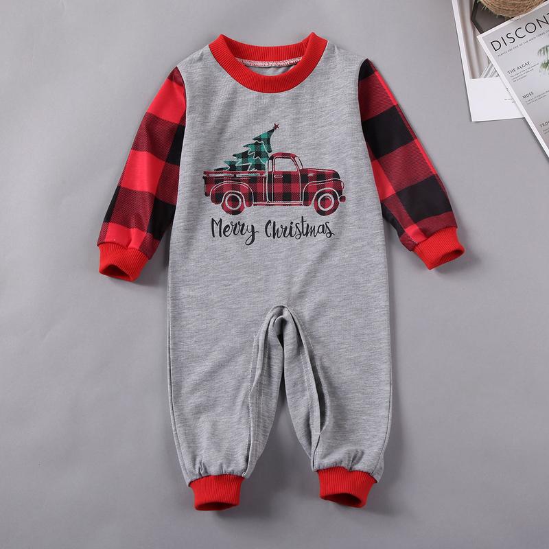 Family Matching Christmas Pajamas Sets, Cartoon Car Tree Letter Plaid Printed Papa Mama Kid Tops Pant Jumpsuit Sleepwear Cotton Womenswear